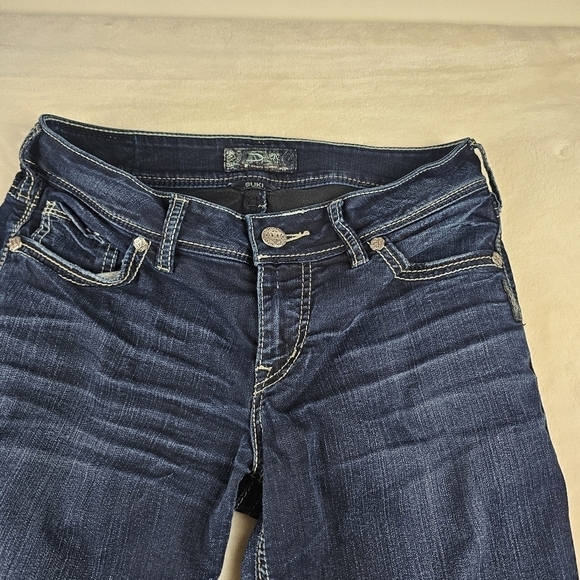 Silver Jeans W29 L31 Suki Mid Rise Slim Boot Dark womens wash denim thick stitch - Picture 11 of 13